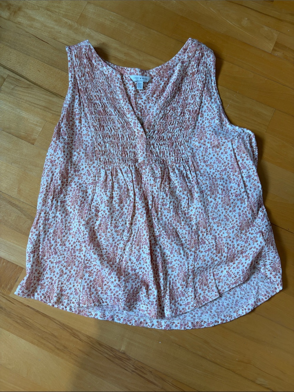 Lucky Brand Pink and White Floral Smocked V-Neck Camisole